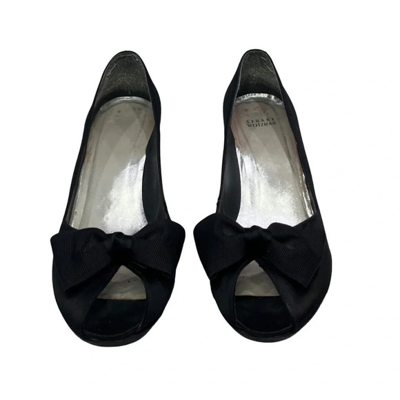Stuart Weitzman Satin Open  Peep Toe High Heels Bow Accents | Black | Siz… - Picture 2 of 16